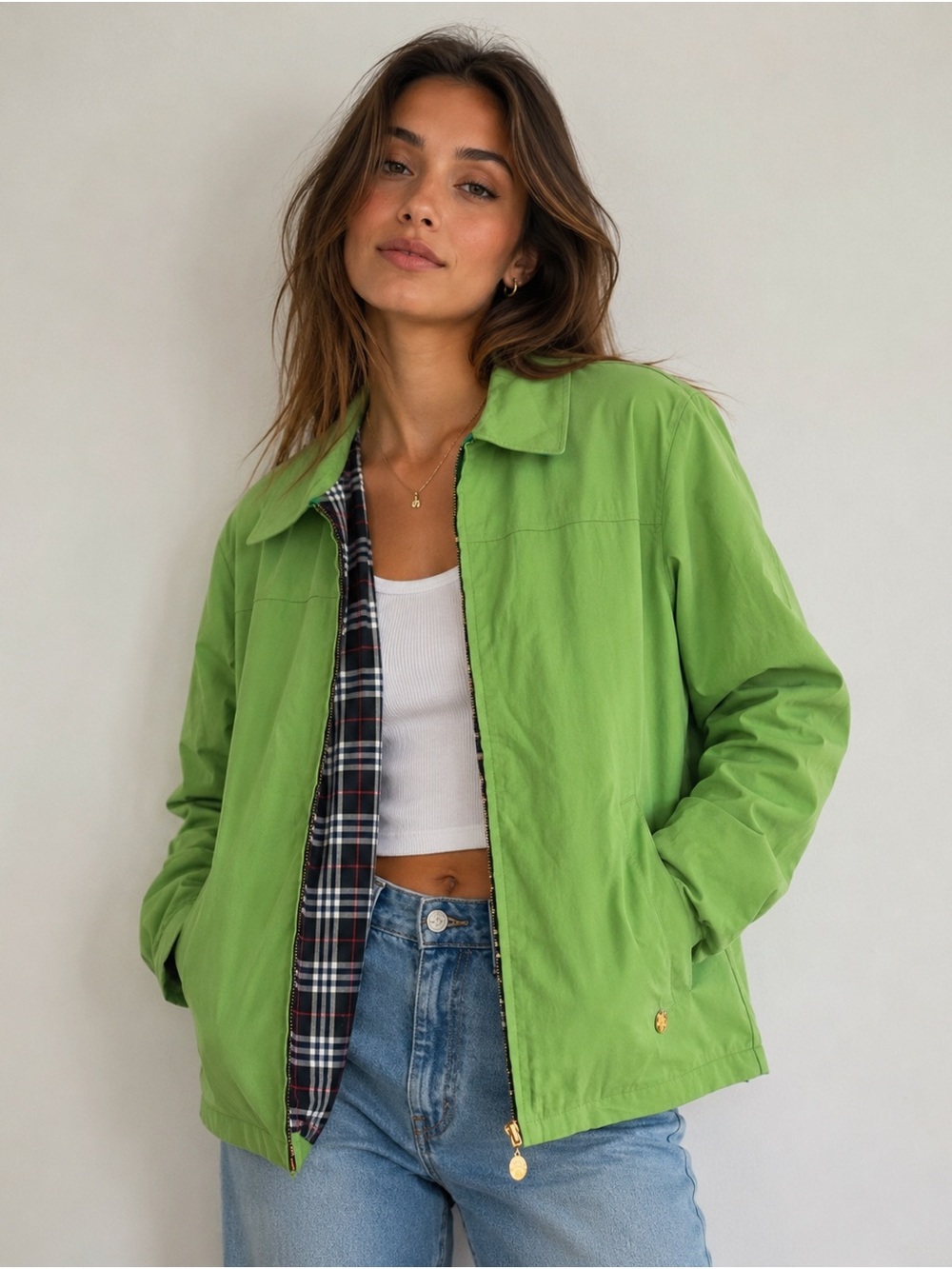 Vintage Burberry’s Bright Green Lightweight Jacket with Classic Interior Plaid